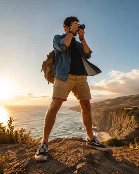 Create a photo of a young man standing at a cliffside scenic overlook holding a vintage film camera up to his eye, feet planted in a wide confident stance. He is wearing an unbuttoned denim shirt over a black tee, khaki shorts, and worn sneakers, with a backpack slung over one shoulder. The wind catches his shirt slightly. The background is a dramatic coastal cliff view with the ocean stretching to the horizon and warm late afternoon sun. The camera angle is from below at knee height, looking up. Golden warm light with strong contrast and long shadows. Shot with a 24mm wide-angle lens. Use aspect ratio 4:5.