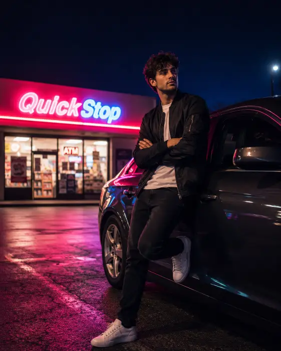 Create a photo of a young man leaning against the side of his car in an empty parking lot at night, arms crossed and one foot resting against the door. He is wearing a black bomber jacket, a white tee, dark jeans, and white sneakers. His expression is calm and cool. The background shows a glowing neon convenience store sign casting pink and blue light across the scene, with a dark sky above. The camera is at eye level, slightly off-center. Moody neon lighting with deep shadows and rich color. Shot with a 35mm lens, cinematic color grading. Use aspect ratio 4:5.