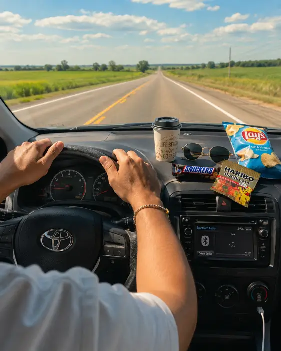 Create a photo of a casual flat lay scene shot through the car windshield from the driver's perspective, showing two hands resting on the steering wheel with road trip snacks, a coffee cup, and sunglasses arranged on the dashboard. The person is wearing a simple white tee with a thin beaded bracelet. The background through the windshield shows a sunny open highway with green fields on either side. The camera is positioned at eye level looking forward over the wheel. Bright, warm, natural daylight. Shot with a 28mm lens, deep focus. Use aspect ratio 4:5.
