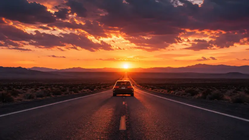 Create a photo of a car driving away down a long open highway directly toward a blazing sunset, shot from behind at road level so the vehicle is silhouetted against the glowing sky. The road stretches straight into the horizon with desert scrub on either side. The sky is filled with dramatic orange, pink, and purple clouds catching the last light, with the sun low and bright at the vanishing point. The camera is positioned low and centered on the road for a strong symmetrical composition. Warm cinematic tones with deep silhouettes and a glowing horizon. Shot with a 50mm lens. Use aspect ratio 16:9.