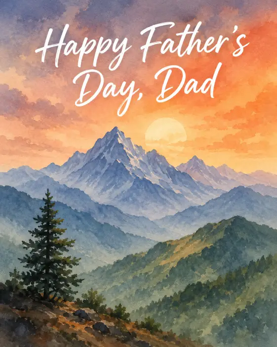 Create a Father's Day card with a soft watercolor illustration of layered mountains in shades of blue, sage green, and warm orange at sunset. Place the text "Happy Father's Day, Dad" in a handwritten script font across the top in white. Add a small pine tree silhouette in the foreground and a faded sun behind the peaks. Keep the painting style loose and dreamy with visible brush texture and a calm, peaceful mood. Use aspect ratio 4:5.