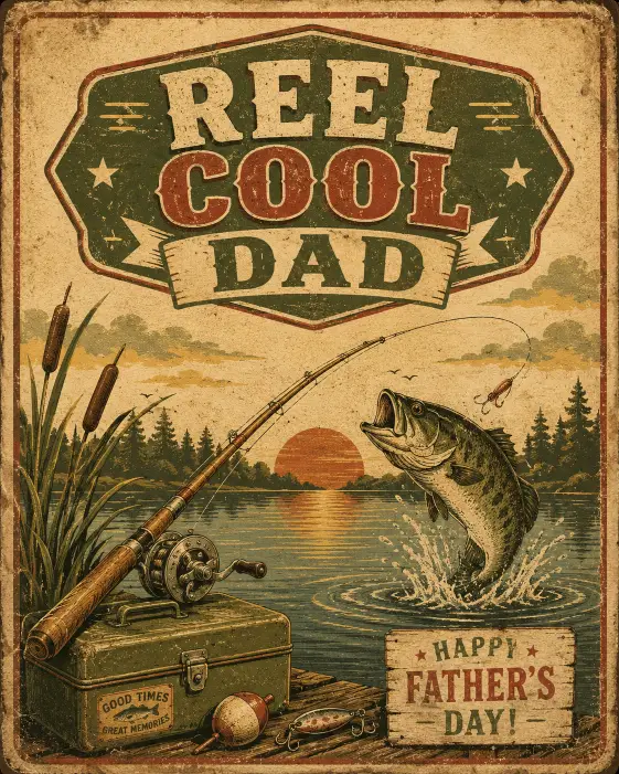 Create a vintage style Father's Day card with a retro illustration of a fishing scene, including a wooden fishing rod, a tackle box, and a fish jumping out of calm water. Use a muted retro color palette of olive green, mustard yellow, and faded red. Add the text "Reel Cool Dad" in a bold vintage badge style font at the top. Include small decorative elements like cattails and a setting sun. Give it a worn, nostalgic poster look with a textured paper background. Use aspect ratio 4:5.