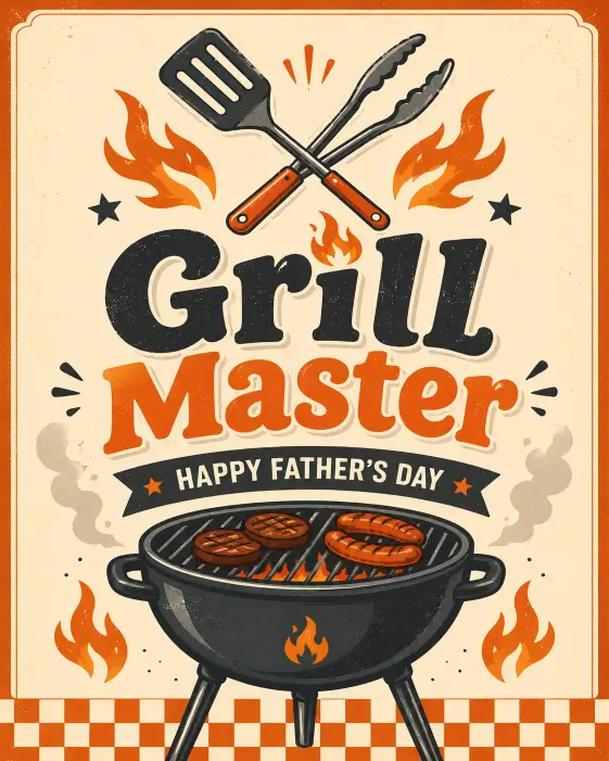 Create a fun Father's Day card with a flat illustration of a barbecue grill with smoke rising and a spatula and tongs crossed above it like a crest. Use a warm color scheme of charcoal gray, fiery orange, and cream. Add the text "Grill Master" in a bold playful font at the center, with smaller text below reading "Happy Father's Day." Include little flame icons and a checkered border at the bottom. Keep it cheerful, modern, and slightly cartoonish. Use aspect ratio 4:5.