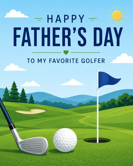 Create a Father's Day card with a stylish flat illustration of a golf scene, including a golf ball resting near a hole with a flag, a golf club, and rolling green hills in the background. Use a fresh palette of grass green, sky blue, and white. Add the text "Happy Father's Day to my favorite golfer" in a clean modern sans serif font at the top. Include small details like a little sun and a few clouds. Keep it bright, crisp, and cheerful. Use aspect ratio 4:5.