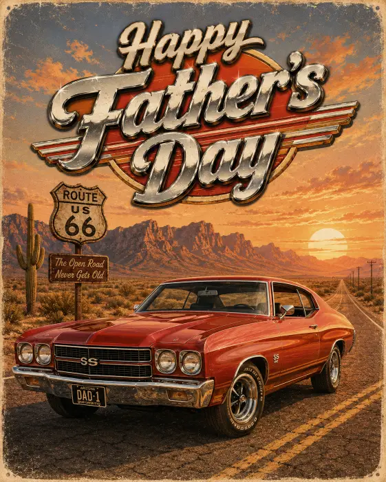 Create a retro Father's Day card featuring a vintage classic car illustration in cherry red with chrome detailing, parked on a desert road at golden hour. Use warm sunset tones of amber, peach, and dusty blue. Add the text "Happy Father's Day" in a bold retro chrome style font across the top. Include a faded mountain backdrop and a long stretching road. Give it a nostalgic 1970s poster aesthetic with grainy texture. Use aspect ratio 4:5.