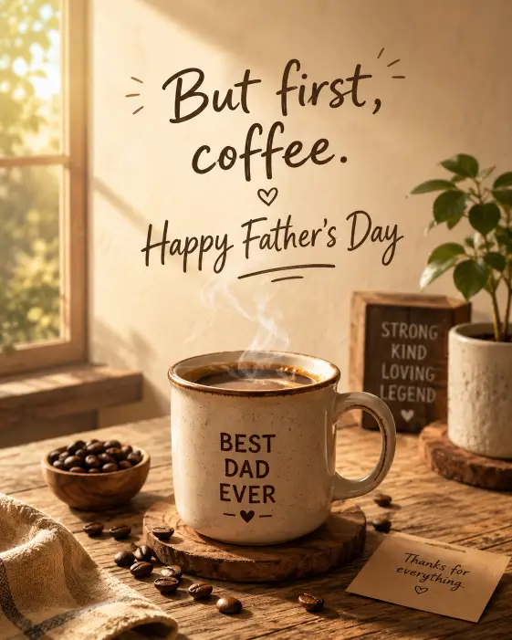Create a cozy Father's Day card with a warm illustration of a steaming coffee mug on a wooden table with morning light coming through a window. Use soft brown, cream, and warm beige tones. Add the text "But first, coffee. Happy Father's Day" in a relaxed handwritten font above the mug. Include small details like coffee beans scattered nearby and a tiny plant in the corner. Keep the mood warm, calm, and homey. Use aspect ratio 4:5.
