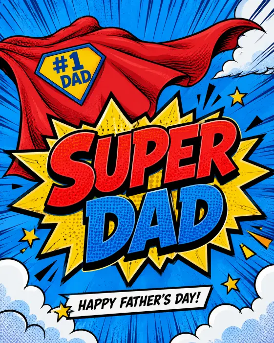 Create a playful Father's Day card with a comic book style illustration of a cape flying in the wind against a bright sky with bold action lines radiating outward. Use punchy primary colors of red, blue, and yellow. Add the text "Super Dad" in a bold comic book lettering style at the center with a starburst behind it. Include comic style halftone dots and a thick black outline for that classic comic feel. Keep it energetic and fun. Use aspect ratio 4:5.