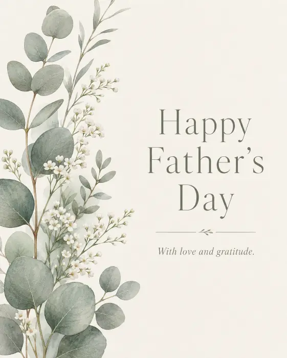 Create an elegant Father's Day card with a botanical illustration of eucalyptus leaves and small white flowers arranged along the left side. Use a muted palette of sage green, soft gray, and ivory. Add the text "Happy Father's Day" in a refined thin serif font on the right side, with a short line below reading "With love and gratitude." Keep the design clean, refined, and balanced with lots of breathing room. Use aspect ratio 4:5.