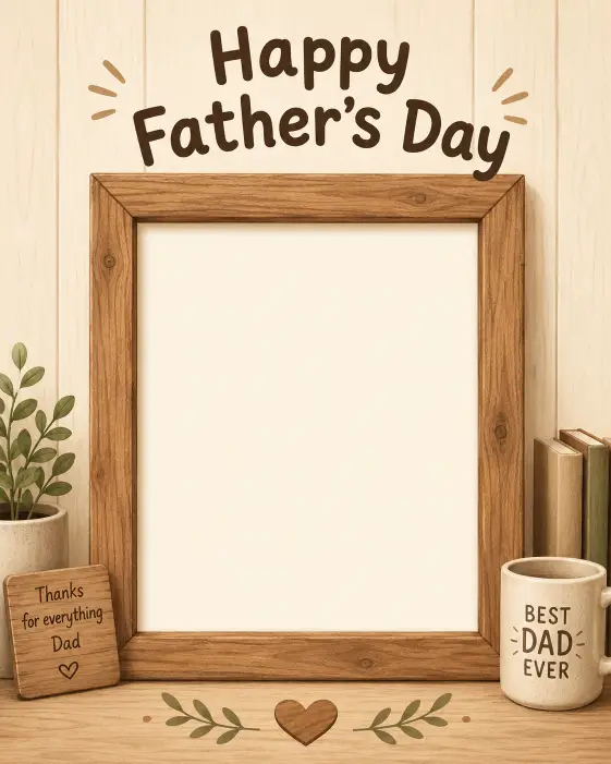 Create a Father's Day card designed as a photo frame layout with an empty cream colored rectangle in the center for a photo, surrounded by a warm wooden frame illustration. Use soft earthy tones of tan, brown, and cream. Add the text "Happy Father's Day" in a friendly rounded font at the top above the frame, and a small heart icon at the bottom. Keep the design simple so a photo can be added later. Use aspect ratio 4:5.