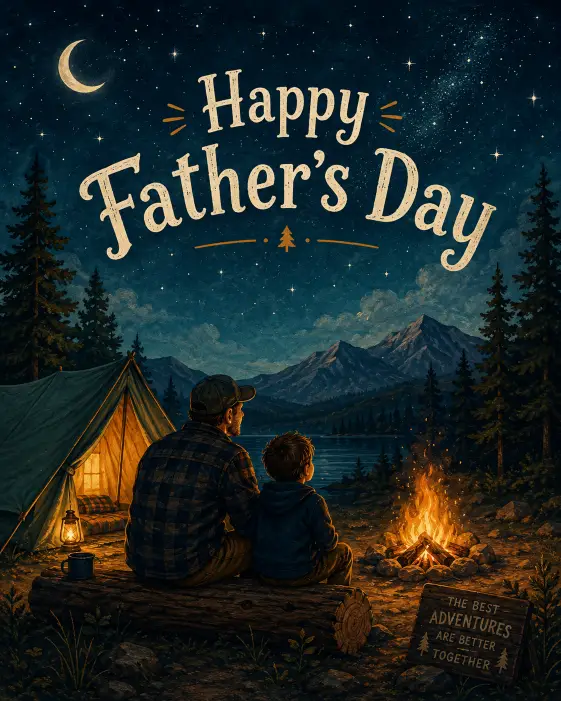 Create a Father's Day card with a charming illustration of a camping scene at night, including a tent, a glowing campfire, and pine trees under a starry sky. Use deep teal, warm orange firelight, and navy tones. Add the text "Happy Father's Day" in a rustic hand lettered font arched across the top sky. Include small details like a crescent moon and tiny stars. Give it a cozy storybook feel. Use aspect ratio 4:5.