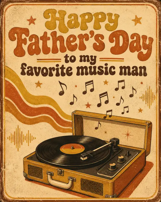 Create a retro Father's Day card with an illustration of a vinyl record and a record player with musical notes floating upward. Use a warm vintage palette of mustard, burnt orange, and cream. Add the text "Happy Father's Day to my favorite music man" in a groovy retro font at the top. Include small decorative sound waves and a few stars. Give it a relaxed 1970s album cover aesthetic with grain texture. Use aspect ratio 4:5.