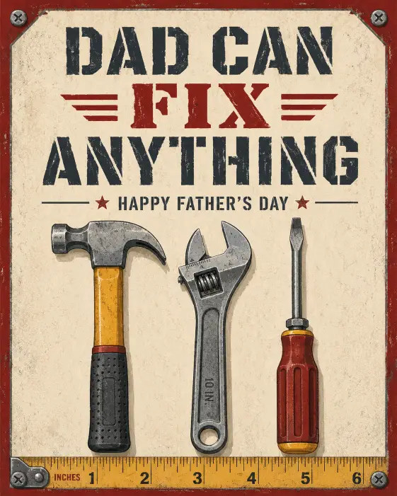 Create a Father's Day card with a flat illustration of handyman tools including a hammer, wrench, and screwdriver arranged neatly in a row. Use an industrial palette of steel gray, warm yellow, and deep red. Add the text "Dad can fix anything" in a bold workshop style stencil font at the top, with smaller text below reading "Happy Father's Day." Include a subtle measuring tape border at the bottom. Keep it sturdy, clean, and characterful. Use aspect ratio 4:5.