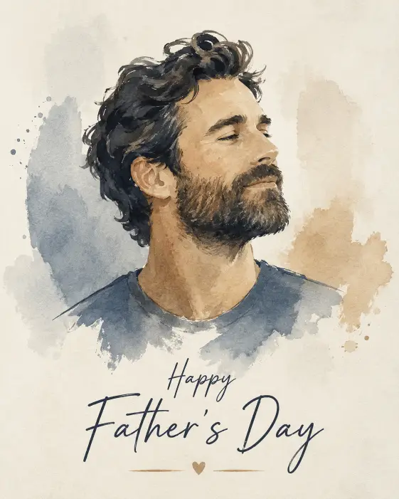 Create a stylish Father's Day card with a watercolor illustration of a man's bearded face shown in a simple artistic style with soft brush strokes. Use muted blue, gray, and warm tan tones. Add the text "Happy Father's Day" in a clean handwritten font below the illustration. Keep the brushwork loose and modern with a creative gallery print feel and a soft textured background. Use aspect ratio 4:5.