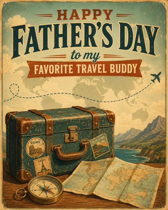 Create a Father's Day card with a vintage travel poster style illustration of a vintage suitcase, a compass, and a folded map with a faint world outline in the background. Use warm retro tones of teal, cream, and burnt orange. Add the text "Happy Father's Day to my favorite travel buddy" in a classic travel poster font across the top. Include small dotted travel route lines and a tiny airplane icon. Give it a nostalgic adventure feel. Use aspect ratio 4:5.
