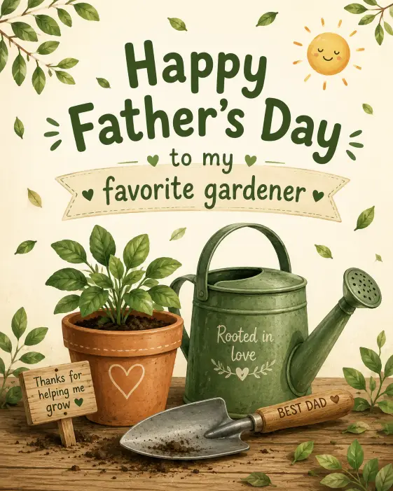 Create a Father's Day card with a cheerful illustration of gardening elements including a small potted plant, a watering can, and a hand trowel arranged together. Use a fresh natural palette of leaf green, terracotta, and cream. Add the text "Happy Father's Day to my favorite gardener" in a friendly rounded font at the top. Include small details like falling leaves and a tiny sun. Keep it warm, fresh, and inviting. Use aspect ratio 4:5.