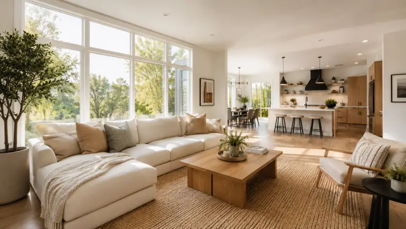 Create a wide interior real estate photo of a spacious open-plan living room with large floor-to-ceiling windows letting in soft natural daylight. The room has a neutral cream sofa with textured throw pillows, a light oak coffee table, a woven area rug, and a few green plants in the corners. The camera is positioned at chest height in a corner, shooting across the room to show depth and the connection to an open kitchen in the background. Lighting is bright and airy with warm afternoon sun coming through the windows. The style is clean, modern, and professionally staged. Use aspect ratio 16:9.