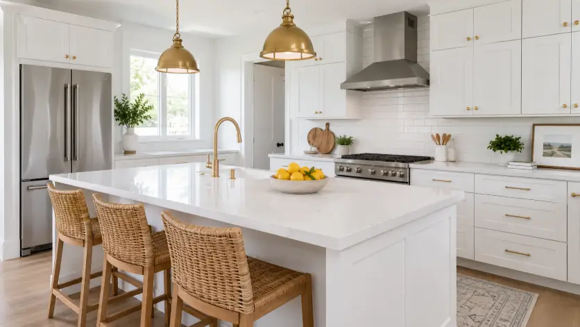 Create a real estate listing photo of a modern kitchen with white shaker cabinets, a large central island topped with white quartz, and brushed gold pendant lights hanging above it. Three woven bar stools sit along the island, and a bowl of fresh lemons adds a touch of color. Stainless steel appliances and a subway tile backsplash are visible in the background. The camera is at counter height, shooting at a slight angle to capture the island and the run of cabinets behind it. Bright natural daylight fills the space with soft, even lighting. Clean and contemporary style. Use aspect ratio 16:9.