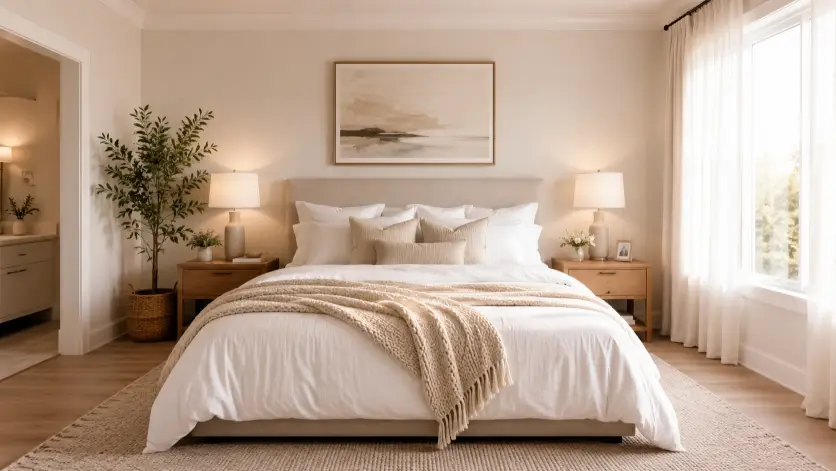 Create an interior real estate photo of a cozy primary bedroom with a king-size bed dressed in crisp white linens, layered with a soft beige knit throw and matching cushions. There are two simple wooden nightstands with small table lamps, a large window with sheer curtains on one side, and a piece of abstract art above the headboard. The camera is positioned at the foot of the bed at eye level, capturing the full bed and the window light. Warm, soft morning light gives the room a relaxed and inviting feel. Calm, neutral, hotel-like styling. Use aspect ratio 16:9.