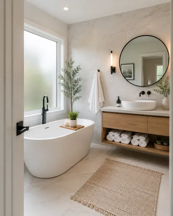 Create a real estate listing photo of a bright modern bathroom with a freestanding white soaking tub beside a large frosted window. The room has light marble-look tiles, a floating wood vanity with a vessel sink, a round black-framed mirror, and rolled white towels stacked neatly on a shelf. A small potted plant and a tray with a candle sit on the tub ledge. The camera is at chest height in the doorway, shooting in to show the tub and vanity together. Soft, diffused natural light keeps the space airy and clean. Fresh, spa-inspired style. Use aspect ratio 4:5.