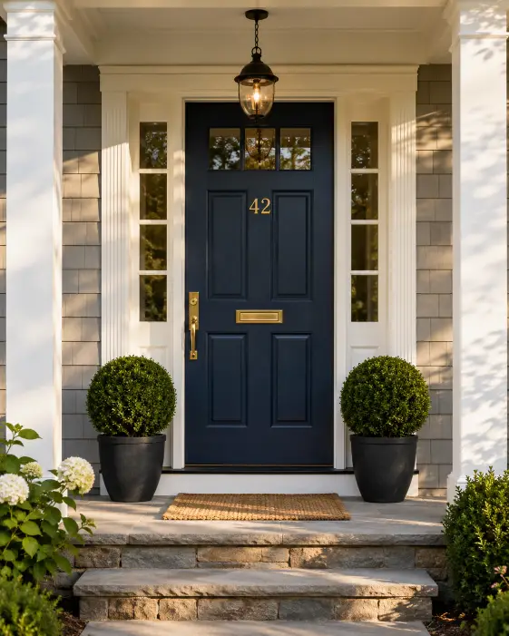 Create an exterior real estate photo of a welcoming front entrance of a suburban home with a freshly painted navy front door, a brass house number, and two symmetrical potted boxwood plants on either side. The porch has clean stone steps, a small woven doormat, and a hanging pendant light. The camera is positioned straight on at eye level, centered on the door for a balanced composition. Warm late afternoon sunlight casts gentle shadows across the porch. Crisp, inviting, well-maintained style. Use aspect ratio 4:5.