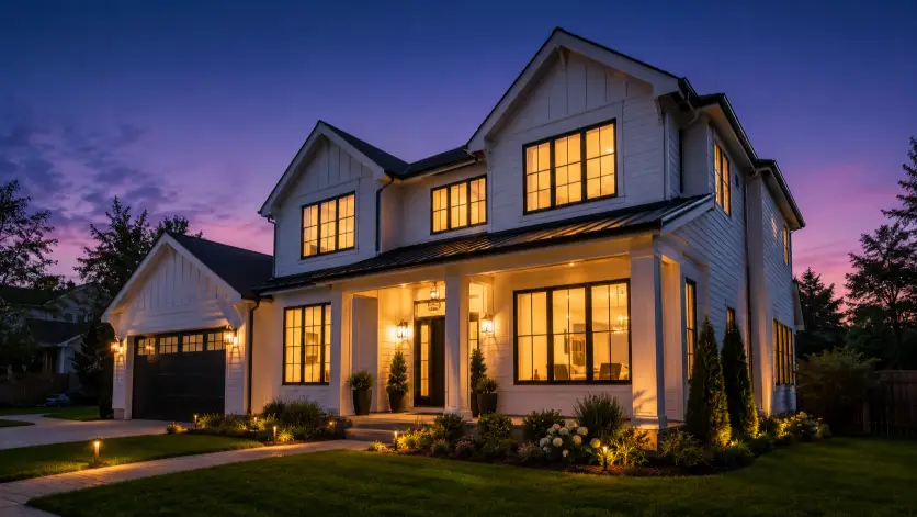 Create an exterior real estate photo of a two-story modern home shot at twilight, with warm golden light glowing from every window. The sky is a deep gradient of blue and soft purple just after sunset. The home has clean white siding, dark window frames, a neat green lawn, and subtle landscape lighting along the front path. The camera is positioned low and slightly to the side to capture the front and one corner of the house. The mood is warm, inviting, and premium with rich contrast between the glowing windows and the cool evening sky. Use aspect ratio 16:9.