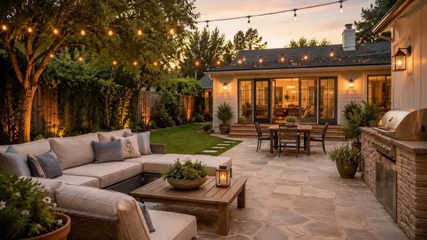 Create a real estate listing photo of a backyard patio with a comfortable outdoor sofa set, a low coffee table, and string lights draped overhead. The patio is paved with light stone, surrounded by a green lawn and a few mature trees for privacy. There are potted plants in the corners and a small built-in barbecue area to one side. The camera is at chest height, shooting across the seating area toward the back of the house. Warm golden hour light gives the space a relaxed, lived-in feel. Inviting, lifestyle-focused style. Use aspect ratio 16:9.