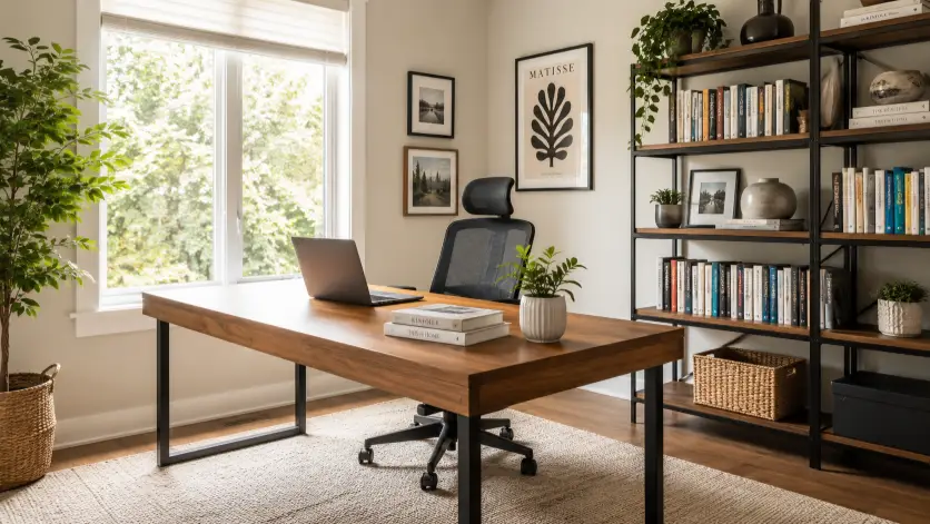 Create an interior real estate photo of a bright home office with a clean wooden desk positioned near a window, a comfortable ergonomic chair, and a slim laptop with a small plant and a stack of books on the desk. The walls have a few framed prints and a tall bookshelf filled neatly with books and decor. The camera is at eye level in the corner, capturing the desk, window, and bookshelf together. Soft natural daylight fills the room. Tidy, productive, modern style. Use aspect ratio 16:9.