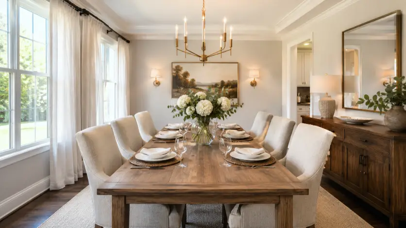 Create a real estate listing photo of an elegant dining room with a long wooden dining table set for six, paired with upholstered linen chairs. A modern statement chandelier hangs above the table, and there is a simple floral centerpiece. Large windows with sheer curtains line one wall, and a sideboard with decor sits against the other. The camera is positioned at the end of the table at chest height, shooting down the length of the room. Bright, even daylight keeps the space warm and open. Refined, classic style. Use aspect ratio 16:9.