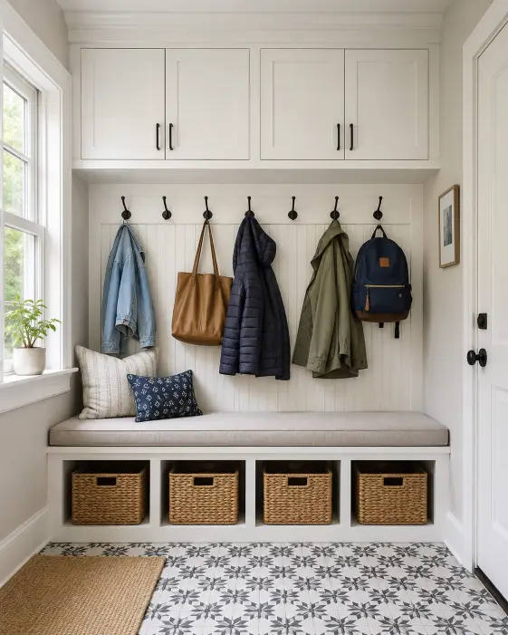Create an interior real estate photo of a functional mudroom with built-in white cabinetry, a row of hooks holding coats and bags, a cushioned bench seat, and woven baskets for storage tucked underneath. The floor has durable patterned tile, and there is a small window letting in natural light. The camera is at chest height shooting straight on to capture the full run of built-ins. Soft, clean daylight keeps everything crisp. Organized, practical, family-friendly style. Use aspect ratio 4:5.