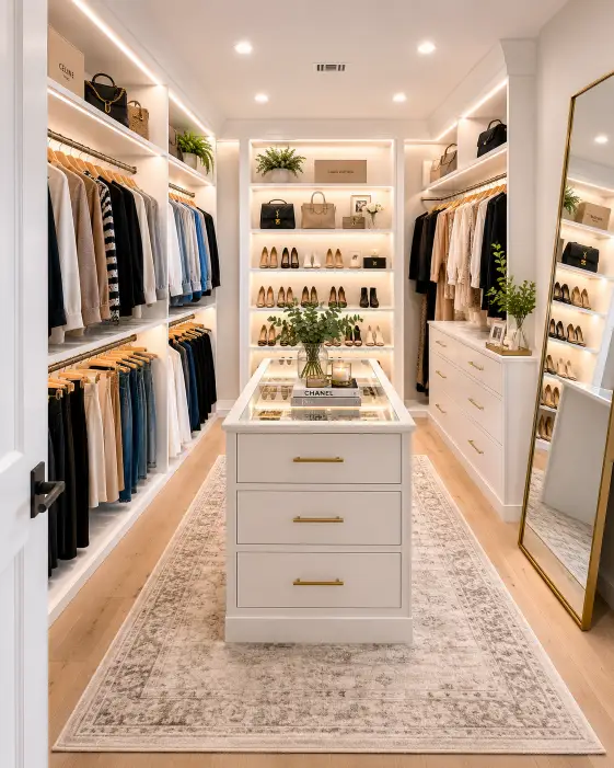 Create a real estate listing photo of a spacious walk-in closet with custom white shelving, hanging rails of neatly arranged clothing, and a small central island with a glass top. There are built-in drawers, organized shoe shelves, and soft LED strip lighting along the shelves. A full-length mirror leans against one wall. The camera is positioned at the entrance at eye level, shooting in to show the depth and storage. Bright, even lighting makes everything feel premium and tidy. Clean, luxury style. Use aspect ratio 4:5.