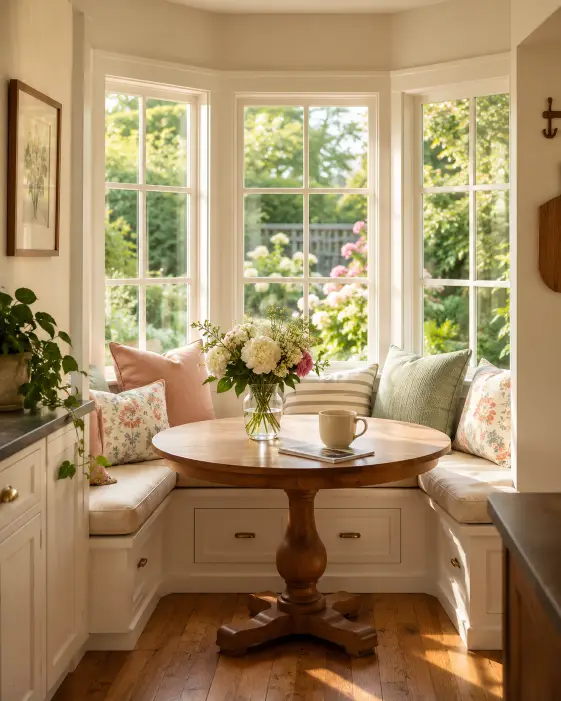 Create an interior real estate photo of a cozy breakfast nook tucked into a bay window with built-in bench seating, soft cushions, and a small round wooden table. A vase of fresh flowers and a coffee mug sit on the table, and the window looks out onto a green garden. The camera is at chest height shooting toward the window to capture the nook and the natural view. Warm morning light streams in and fills the space. Charming, homey, lifestyle style. Use aspect ratio 4:5.
