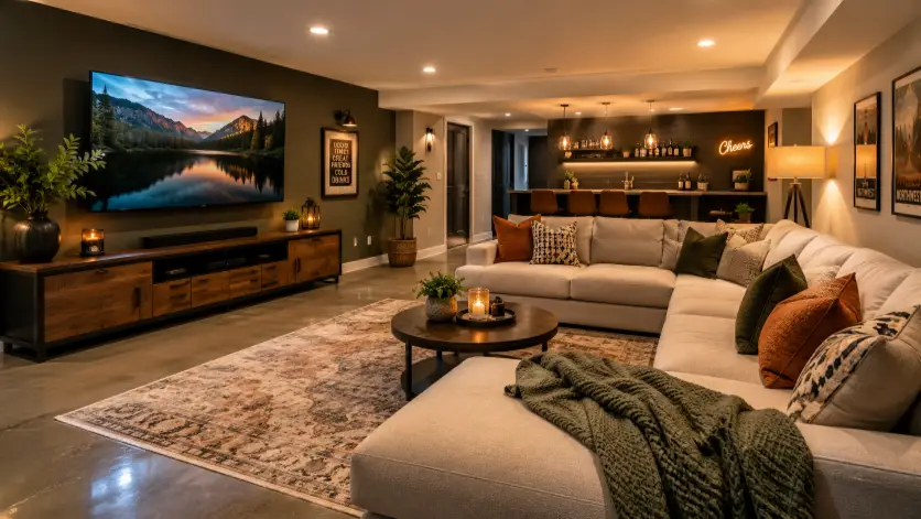 Create a real estate listing photo of a finished basement lounge with a large sectional sofa, a wall-mounted television, a low media console, and a soft area rug over polished concrete floors. Recessed ceiling lights and a floor lamp keep the space warm and well-lit despite being below ground. There is a small bar area with stools in the background. The camera is at chest height in the corner, shooting across the room to show the full lounge. Warm, cozy lighting with a relaxed entertainment feel. Use aspect ratio 16:9.