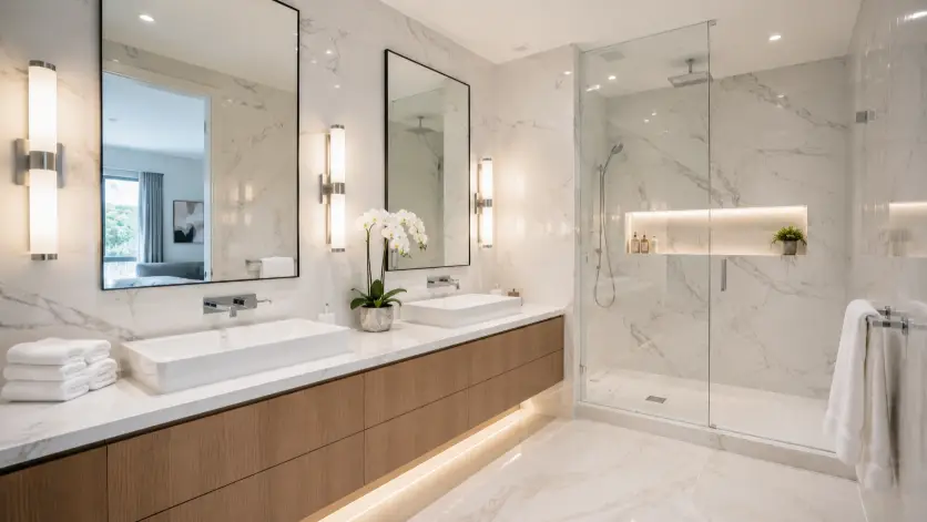 Create a real estate listing photo of a luxury master ensuite bathroom with a double floating vanity, two rectangular vessel sinks, and large mirrors with sleek wall sconces. The walls feature large-format marble tiles, and there is a glass-enclosed walk-in shower with a rainfall showerhead. Folded towels and a small orchid add finishing touches. The camera is at chest height shooting across the vanity toward the shower. Soft, bright, diffused lighting gives a clean spa-like glow. Modern luxury style. Use aspect ratio 16:9.