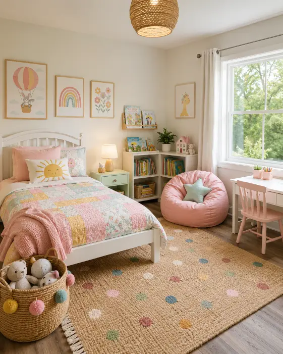 Create an interior real estate photo of a cheerful kids' bedroom with a single bed dressed in soft pastel bedding, a small reading corner with a bean bag and a low bookshelf, and a few framed illustrations on the wall. A woven rug, a toy basket, and a desk with a small chair complete the room. A large window lets in plenty of light. The camera is at eye level in the corner, capturing the bed and reading corner together. Bright, warm, playful style with tidy staging. Use aspect ratio 4:5.