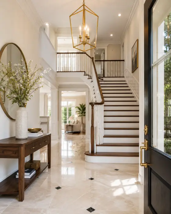 Create a real estate listing photo of a grand entryway with a wide wooden staircase, a polished tile floor, and a console table with a tall vase of fresh branches and a round mirror above it. A modern chandelier hangs from a high ceiling, and natural light comes in through a window beside the door. The camera is positioned at the front door at chest height, shooting toward the staircase to capture the height and openness. Bright, warm, welcoming light. Elegant, spacious style. Use aspect ratio 4:5.
