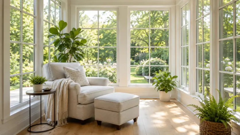 Create an interior real estate photo of a bright sunroom with floor-to-ceiling windows on three sides, a comfortable armchair with a footstool, a small side table, and several leafy potted plants. The floor is light wood, and a soft throw is draped over the chair. The camera is at chest height shooting toward the windows to show the light and the garden view beyond. Abundant warm natural light fills the space. Peaceful, airy, lifestyle style. Use aspect ratio 16:9.
