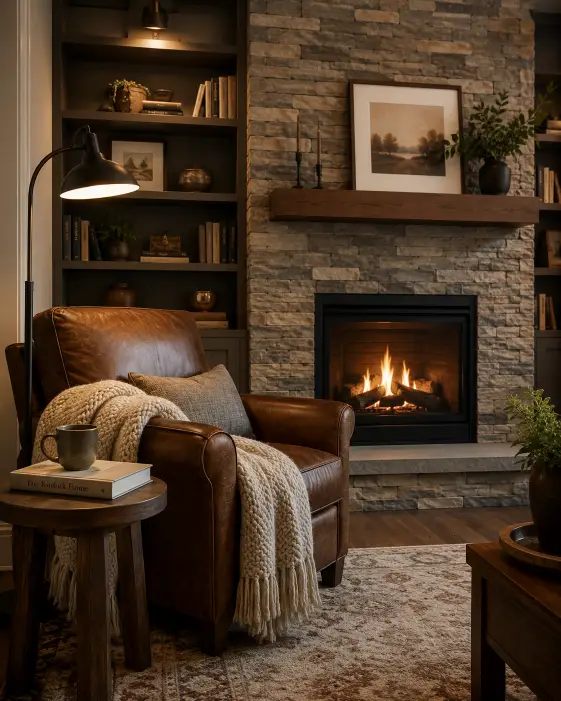 Create an interior real estate photo of a cozy reading corner beside a modern fireplace with a built-in stone surround. There is a leather armchair with a soft wool throw, a small wooden side table holding a book and a mug, and a floor lamp arching over the chair. Built-in shelves with books and decor frame the fireplace. The camera is at chest height shooting toward the fireplace and chair. Warm, soft lighting with a glow from the fireplace. Inviting, intimate style. Use aspect ratio 4:5.