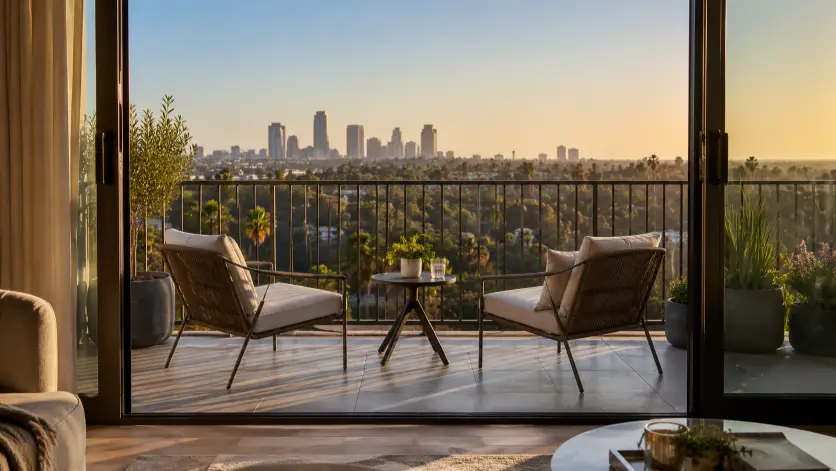 Create a real estate listing photo of a private apartment balcony with two modern lounge chairs, a small bistro table, and a few potted plants along the railing. Beyond the railing, a city skyline or scenic landscape stretches into the distance under a clear sky. The camera is at chest height shooting from inside toward the balcony and the view. Warm late afternoon light gives the scene a relaxed, premium feel. Lifestyle, aspirational style. Use aspect ratio 16:9.