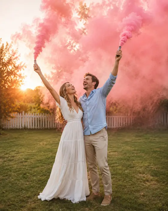 Create a photo of a couple standing close together in an open grassy backyard, both holding a smoke bomb canister above their heads as soft pink smoke billows around them. The woman is wearing a flowing white maxi dress and the man is in a light blue linen shirt with rolled sleeves and beige chinos. They are both laughing and looking up at the smoke. The camera is at eye level, slightly wide to capture the full scene. Golden hour light filters through the smoke creating a warm glow. Bright, joyful tones with soft natural color grading. Use aspect ratio 4:5.