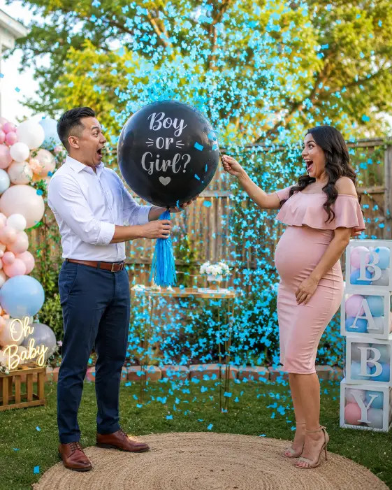 Create a photo of an expecting couple in a decorated backyard, the man holding a large black balloon while the woman pops it with a pin, releasing a shower of blue confetti into the air. She is wearing a fitted blush pink dress and he is in a crisp white button-down shirt with navy trousers. Both have wide, surprised smiles. The camera captures the moment at eye level with a fast shutter to freeze the falling confetti. Warm afternoon light with vivid color. Festive, celebratory mood. Use aspect ratio 4:5.