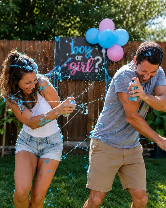 Create a photo of a couple in a backyard spraying blue silly string at each other mid-reveal, both ducking and laughing with strings flying everywhere. The woman is wearing a white tank top with light denim shorts and the man is in a gray tee and khaki shorts. Both are caught mid-motion with playful expressions. The camera is at eye level with a fast shutter to freeze the flying string. Bright, sunny midday light. Energetic, goofy, fun-loving mood with vivid color. Use aspect ratio 4:5.