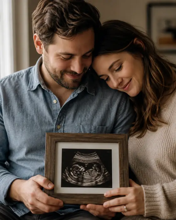 Create a close-up photo of an expecting couple holding a framed ultrasound photo together, both hands cradling the frame. The woman rests her head gently on the man's shoulder with a soft smile, eyes on the sonogram. She is wearing a simple oatmeal-colored sweater and he is in a chambray shirt. The camera is at eye level with a tight, intimate frame. Soft diffused window light from the side. Warm, muted, emotional tones. Use aspect ratio 4:5.