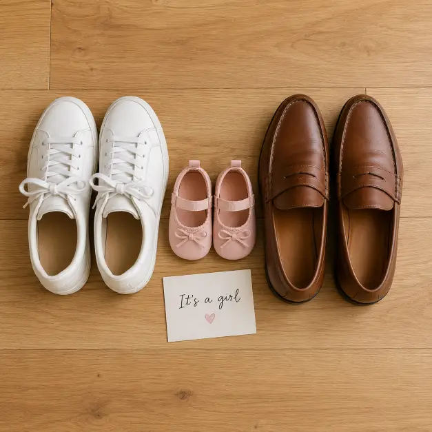 Create an overhead flat lay photo of a pair of mom's white sneakers and a pair of dad's brown loafers placed neatly on a wooden floor, with a tiny pair of pink baby shoes resting between them. A small handwritten card reading "It's a girl" sits beside the shoes. The camera is positioned directly above, shooting straight down. Soft, even natural light from a nearby window. Clean, minimal, warm aesthetic with light wood tones. Use aspect ratio 1:1.