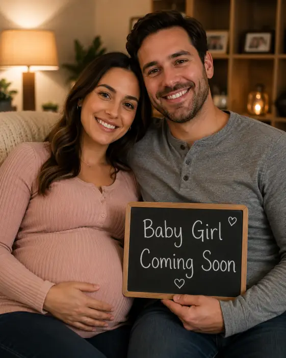 Create a photo of an expecting couple sitting together on a cozy couch, holding up a small black chalkboard sign that reads "Baby Girl Coming Soon" in white handwritten letters. The woman is leaning into the man with one hand resting on her belly and a warm smile. She is wearing a soft pink ribbed top and he is in a heather gray henley. The camera is at eye level, framed from the waist up. Soft, warm lamp light with a blurred living room background. Relaxed, homey mood. Use aspect ratio 4:5.