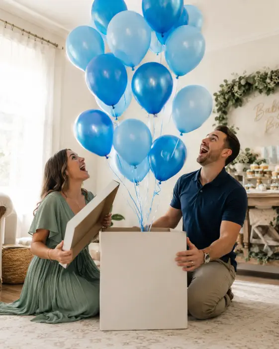 Create a photo of a couple kneeling on the floor in a decorated room, lifting the lid off a large white cardboard box as a bunch of blue helium balloons float upward out of it. Both are looking up with delighted, open-mouthed expressions. The woman is wearing a flowing sage green dress and the man is in a fitted navy polo. The camera is at floor level shooting slightly upward to follow the balloons. Bright natural light with a soft glow. Cheerful, surprised mood. Use aspect ratio 4:5.