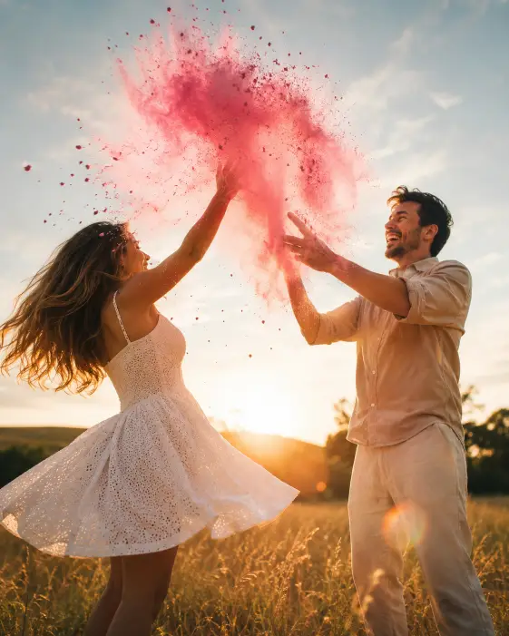Create a photo of a couple in an open field throwing a handful of pink powder into the air between them, the cloud caught mid-burst. The woman is twirling slightly with her dress flaring and the man is tossing the powder with a big grin. She is wearing a white eyelet sundress and he is in a light tan shirt with sleeves rolled up. The camera is at a low angle capturing the powder against the sky. Late afternoon golden light with lens flare. Dreamy, warm, energetic tones. Use aspect ratio 4:5.
