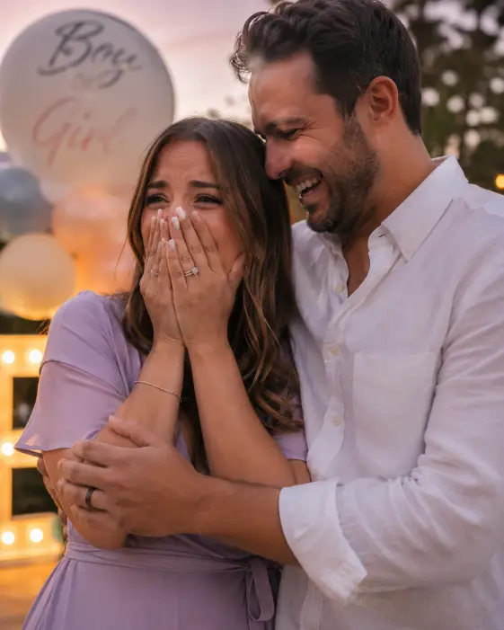Create a candid photo of a couple reacting with overwhelming joy to a gender reveal, the woman covering her mouth with both hands and tears of happiness in her eyes while the man embraces her from the side, laughing. She is wearing a soft lavender wrap dress and he is in a white linen shirt. The camera is at eye level with a slightly tight frame to capture emotion. Warm, soft outdoor light at dusk. Emotional, authentic, heartfelt mood. Use aspect ratio 4:5.
