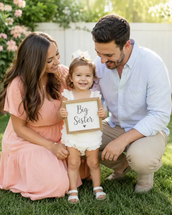 Create a photo of parents and a young toddler in a sunny backyard, the toddler holding a small sign that reads "Big Sister" while the parents kneel beside her smiling. The mother is wearing a soft peach dress and the father is in a light blue shirt, and the toddler is in a white ruffled outfit. The camera is at the child's eye level for a warm, intimate feel. Bright, soft morning light. Joyful, tender family mood with pastel tones. Use aspect ratio 4:5.