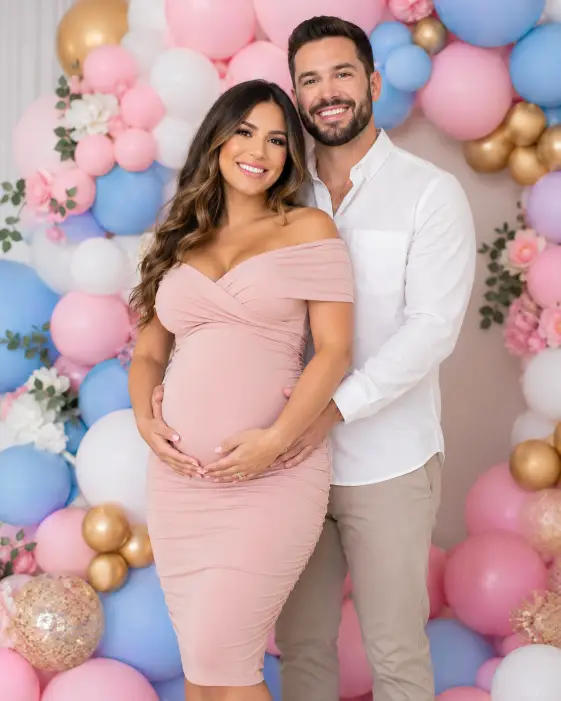 Create a photo of an expecting couple standing in front of a lush balloon garland in shades of pink, blue, white, and gold. The woman has both hands cradling her belly and the man stands behind her with his arms around her, both smiling at the camera. She is wearing a fitted blush midi dress and he is in a white dress shirt with the top button open. The camera is at eye level, framed from the knees up. Soft, even studio-style lighting. Polished, celebratory mood with pastel color palette. Use aspect ratio 4:5.