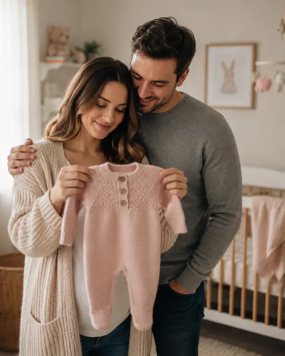 Create a photo of a couple standing in a softly decorated nursery, holding up a tiny knitted baby outfit in pink. The woman holds the outfit up while the man wraps an arm around her shoulder, both gazing at it fondly. She is wearing a cream cardigan over a simple white top and he is in a soft gray sweater. The camera is at eye level with a shallow depth of field. Warm, diffused natural light from a window. Calm, cozy, sentimental mood. Use aspect ratio 4:5.